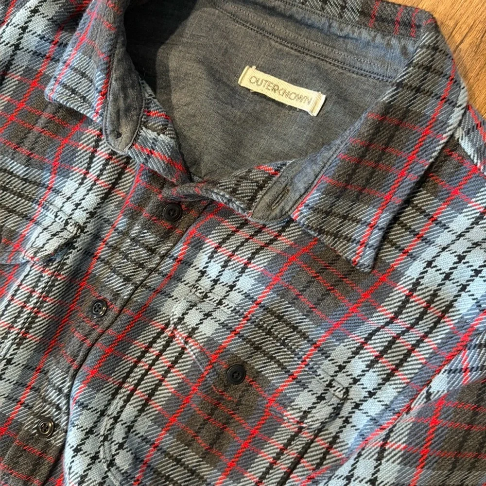 Outerknown Blanket Shirt, LargeMen's Plaid Button-Down Shirt in Blue, Gray & Red - Picture 2 of 3